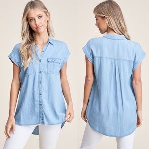 Button Down Denim Short Sleeve Tunic